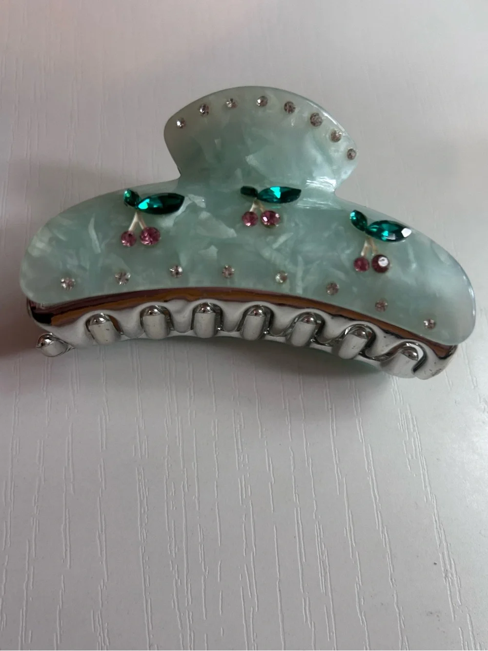 Mint Green Rhinestone Cherry Claw Clip